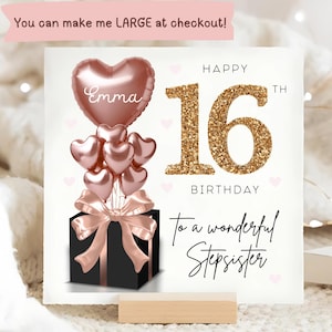Carte personnalisée 16e anniversaire de demi-soeur, carte ballon noir or rose, belle-soeur a 16 ans, cadeau de seizième anniversaire, carte belle-soeur a 16 ans