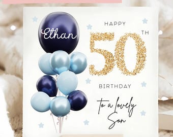 Son 50th Birthday Personalised Card, Diamante Blue Gold Balloon Card, Son is 50, Fiftieth Birthday Gift, Son 50th Card, Son 50th