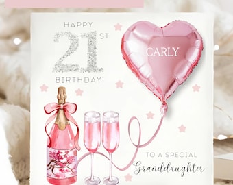 Granddaughter 21st Gems Pink Champagne Birthday Card, Granddaughter Personalised 21st Card, Silver Pink Foil Balloon