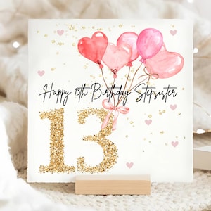 Carte d'anniversaire ballon rose 13e demi-soeur, carte d'anniversaire 13e demi-soeur personnalisée, carte treizième rose demi-soeur, 13e demi-soeur