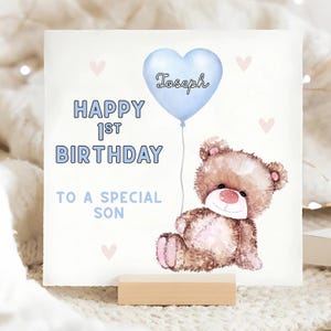 Carte 1er anniversaire ours et ballon, carte personnalisée premier anniversaire fils, bébé fils a 1 ans, cadeau fils a un an, anniversaire bleu fils