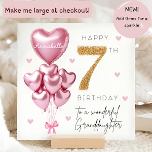 Carte personnalisée d'anniversaire de petite-fille du 7e anniversaire, carte ballon or rose strass, petite-fille a 7 ans, cadeau de septième anniversaire, septième carte