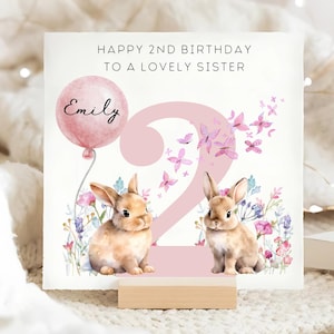 Carte personnalisée 2e anniversaire de soeur, carte 2e anniversaire lapin et papillon, soeur personnalisée fête ses deux ans, soeur 2 ans