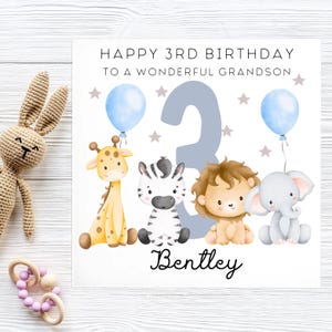 Carte personnalisée pour 3e anniversaire de petit-fils, troisième anniversaire de petit-fils, cadeau pour l'âge de 3 ans, carte pour 3e anniversaire animaux de la jungle, de nounou