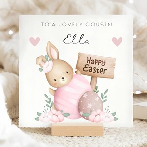 Tarjeta personalizada de feliz Pascua para prima, tarjeta de conejito de Pascua con huevo de prima, tarjeta de Pascua rosa para prima, regalo de feliz Pascua para prima, Pascua para niña pequeña