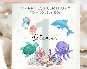 Tarjeta de cumpleaños para hijo con temática marina, tarjeta personalizada de animales marinos para el primer cumpleaños, tarjeta para hijo de 1 año, tarjeta para bebé hijo