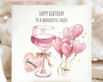 Tarjeta de cumpleaños para sobrina con globo de corazón de vino, regalo de cumpleaños para sobrina, tarjeta de cumpleaños personalizada para sobrina, cumpleaños rosa cóctel, etiqueta de lazo rosa para sobrina