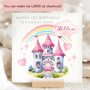 Sister 1st Birthday Princess Castle Card, Sister First Birthday Card, Personalised Sister Turns 1 Card, Little Girl Princess Card