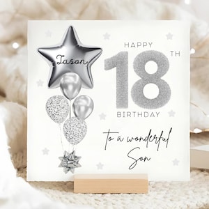 Carte personnalisée 18e anniversaire de fils, carte ballon gris argenté, fils a 18 ans, cadeau de ses 18 ans, cadeau fils de 18 ans, 18e anniversaire de fils