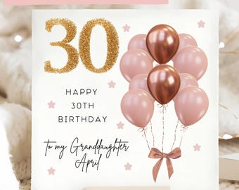 Carte de 30e anniversaire de petite-fille rose marron et ballon or, carte personnalisée de 30e anniversaire de petite-fille, carte de petite-fille a 30 ans