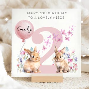 Carte personnalisée 2e anniversaire de nièce, carte 2e anniversaire lapin et papillon, nièce personnalisée fête ses deux ans, nièce 2 ans