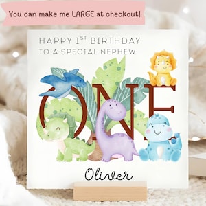 Nephew 1st Dinosaur Birthday Card, Personalised Nephew Dino Card, Nephew First Birthday Card, Nephew Turns One Jurassic, Lovely Nephew Card