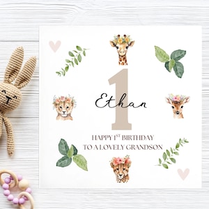 Grandson 1st Animal Birthday Card, Personalised Grandson First Card, Grandson Is 1, Jungle Animal Flower Crown Card, Lovely Grandson 1st