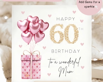 Mum 60th Gem Birthday Pink Foil Balloon Card, Diamante Happy 60th Birthday Mummy, Mum Birthday Card, Personalised Mum Sixty Card, Sixtieth