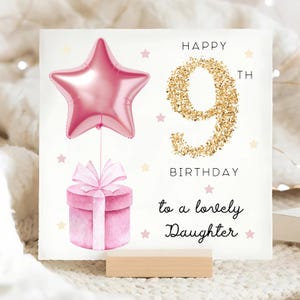 Carte d'anniversaire fille 9 ans, carte rose ballon étoile, fille a 9 ans, carte fille neuvième anniversaire, fille a neuf ans, fille rose