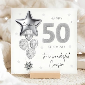 Carte personnalisée 50e anniversaire de cousin, carte ballon gris argenté, cousin a 50 ans, cadeau de son cinquantième anniversaire, carte de 50e anniversaire cousin