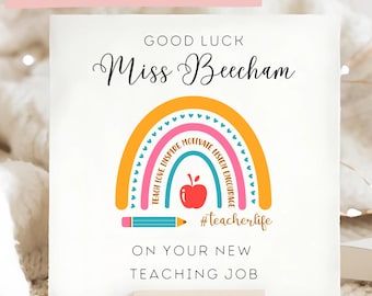 Nieuwe felicitatiekaart voor een baan in het onderwijs, gefeliciteerdkaart, goed gedaan cadeau, nieuwe baankaart, leraar worden, regenboogkaart, september 2024