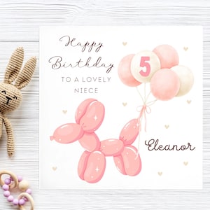 Carte 5e anniversaire nièce chien ballon, carte 5e nièce personnalisée, joli cadeau nièce, cinquième carte nièce fille, nièce a 5 ans
