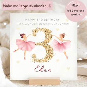 Tarjeta de cumpleaños personalizada de bailarina para nieta de 3 años, Tarjeta de cumpleaños de diamantes para nieta de 3 años, Tarjeta de cumpleaños de nieta de 3 años, Tres