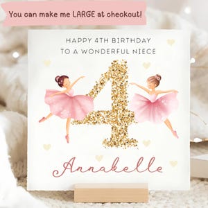 Cartão personalizado de bailarina para sobrinha de 4 anos, cartão de aniversário para sobrinha de 4 anos, cartão de sobrinha de 4 anos, cartão com número dourado brilhante, menina