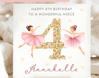 Puede incluir: Tarjeta de cumpleaños para una sobrina, con dos bailarinas en tutús rosas flanqueando un número 4 dorado brillante. La tarjeta dice "HAPPY 4TH BIRTHDAY TO A WONDERFUL NIECE" e incluye el nombre "Annabelle".