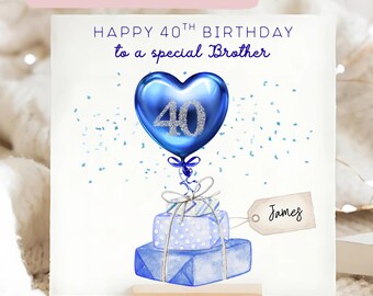 Biglietto di auguri per il 40° compleanno del fratello con palloncino blu brillante, biglietto personalizzato per il 40° compleanno del fratello, regalo per il 40° compleanno del fratello, biglietto di auguri blu, biglietto per uomo
