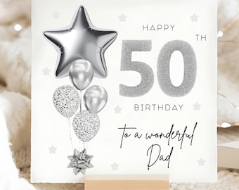 Papa 50. Geburtstag personalisierte Karte, silbergraue Ballon-Karte, Papa ist 50, sein fünfzigstes Geburtstagsgeschenk, Papa 50. Geburtstag, Papa, Pops