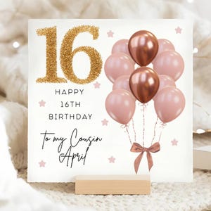 Cousin 16th Birthday Pink Brown & Gold Balloon Card, Personalised Cousin Sixteenth Birthday Card, Cousin Is 16 Card, Sweet Sixteen Card