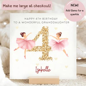 Granddaughter 4th Gems Birthday Personalised Ballerina Card, Diamante Child Granddaughter Fourth Birthday Card, Granddaughter Is 4 Card