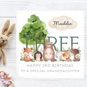 Granddaughter 3rd Birthday Woodland Animal Card, Personalised Granddaughter Three Card, Granddaughter Third Birthday Card