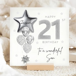 Carte personnalisée d'anniversaire de son fils, carte ballon gris argenté, fils de 21 ans, cadeau de ses 21 ans, cadeau d'anniversaire de 21 ans, fils de 21 ans