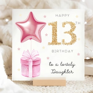 Carte de 13e anniversaire fille, carte ballon étoile feuille rose, fille de 13 ans, carte de 13 ans fille, 13e anniversaire de fille