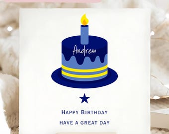 Tarjeta de cumpleaños con pastel azul y amarillo para ella, tarjeta de cumpleaños personalizada, tarjeta de cumpleaños para hombre, regalo de feliz cumpleaños, tarjeta de pastel de cumpleaños