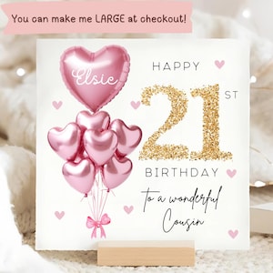 Tarjeta personalizada para el 21.º cumpleaños de un primo, tarjeta con globo dorado rosa, el primo cumple 21 años, regalo de vigésimo primer cumpleaños, tarjeta para el 21.º cumpleaños de un primo