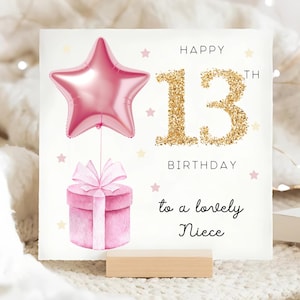 Carte de 13 ans nièce, carte ballon étoile feuille rose, nièce a 13 ans, carte de treize ans nièce, carte de treize nièce, carte fille nièce