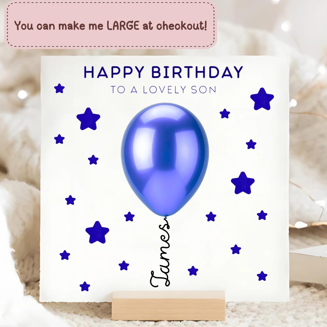 Son Stars Blue Balloon Birthday Card, Personalised Son Balloon Card ...