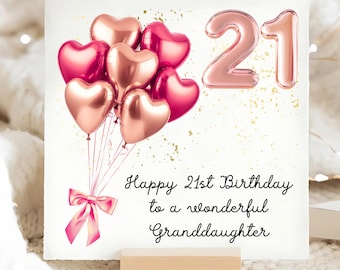 Kleindochter 21e verjaardag roségoudroze verjaardagskaart, gepersonaliseerde verjaardagskaart 21 kleindochter, hartballon kleindochterkaart