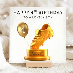 Tarjeta de cumpleaños para hijo, Bota de Oro de fútbol, tarjeta personalizada para hijo de 4 años, regalo para hijo que cumple cuatro años, 4.º cumpleaños de fútbol, tarjeta deportiva para hijo