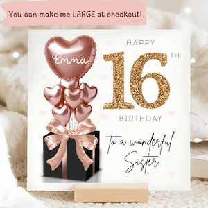 Carte personnalisée de 16e anniversaire de soeur, carte ballon noir or rose, soeur a 16 ans, cadeau de seizième anniversaire, carte d'anniversaire de soeur 16e
