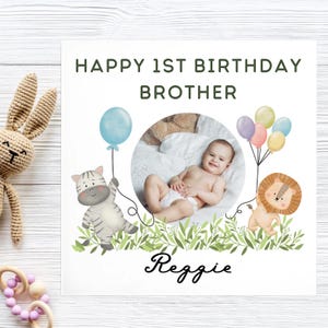 Brother 1st Birthday Custom Photo Card, Personalised Photo Brother Card, Brother First Birthday Photo Upload Card, Brother Jungle Animal