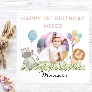 Niece 1st Birthday Custom Photo Card, Personalised Photo Niece Card, Niece First Birthday Photo Upload Card, Niece Jungle Animal Photo Card
