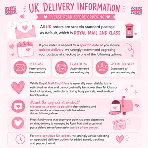 Pu&ograve; includere: Grafica rosa con informazioni sulla consegna nel Regno Unito. Dettaglia le opzioni come Royal Mail 2nd Class, 1st Class, Tracked 24 e Special Delivery. Include consigli per ordini urgenti.