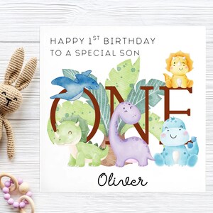 Tarjeta de cumpleaños de dinosaurio para hijo, tarjeta personalizada de dinosaurio para hijo, tarjeta de primer cumpleaños para hijo, tarjeta de cumpleaños jurásico para hijo, tarjeta encantadora para hijo