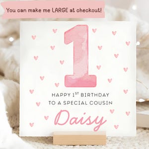 Carte d'anniversaire coeurs roses 1er cousin, carte d'anniversaire personnalisée 1er cousin, cousine fête ses un an, carte de premier anniversaire cousine