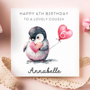 Cousin 6th Birthday Penguin Personalised Card, Cousin Sixth Birthday Card, Cousin Turns Six Card, Cousin Is 6, Daughter Card, 6 Year Old