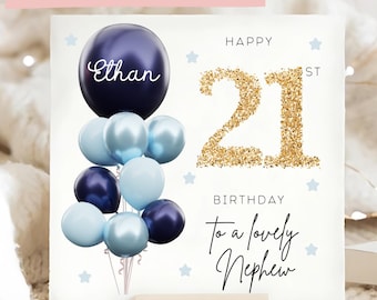 Nephew 21st Birthday Personalised Card, Blue Gold Balloon Card, Nephew is 21, Twenty-First Birthday Gift, Nephew 21st Card