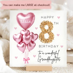 Granddaughter 8th Birthday Personalised Card, Pink Gold Balloon Card, Granddaughter is 8, Eighth Birthday Gift, Eighth Granddaughter Card