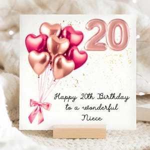 Carte d'anniversaire rose or rose 20e de nièce, carte d'anniversaire nièce personnalisée, carte de nièce ballon coeur, nièce a vingt ans, vingtième