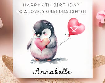 孫娘4歳の誕生日ペンギンパーソナライズカード、孫娘4歳の誕生日カード、孫娘4歳になるカード、孫娘は4歳