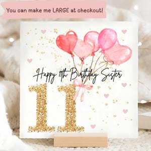 Carte d'anniversaire ballon rose 11e soeur, carte d'anniversaire personnalisée soeur 11, onzième carte rose soeur, carte d'anniversaire soeur a onze ans